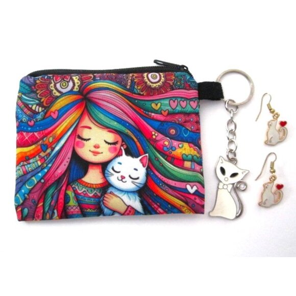 Cat Card Holder Keychain Earrings NEW - Picture 1 of 2